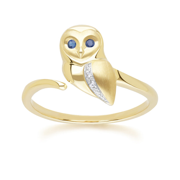 Anello Gufo Gardenia in oro giallo da 9 ct con zaffiro blu e bianco