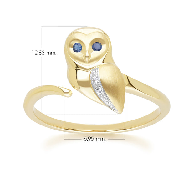 Anello Gufo Gardenia in oro giallo da 9 ct con zaffiro blu e bianco