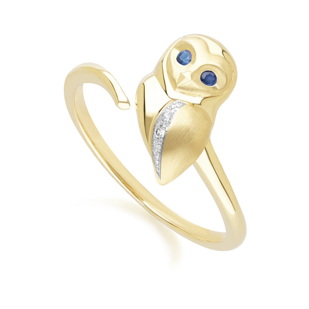 Anello Gufo Gardenia in oro giallo da 9 ct con zaffiro blu e bianco