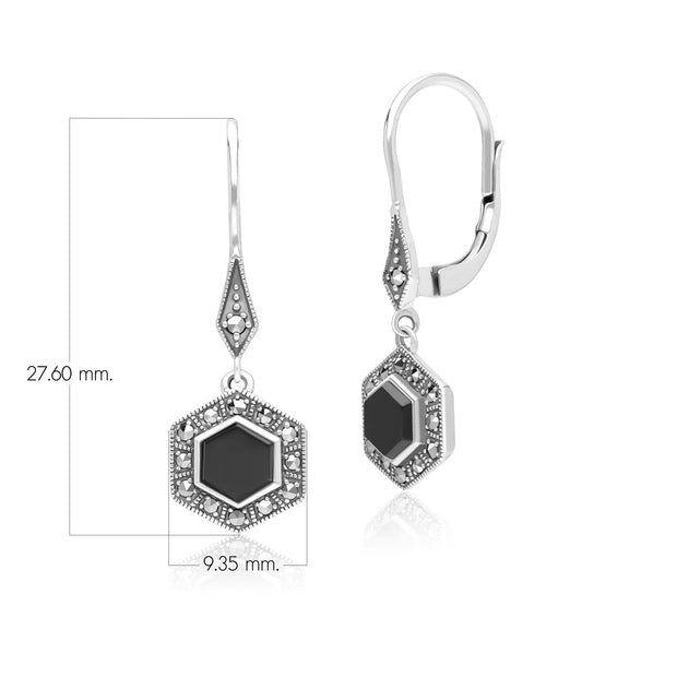 Orecchini pendenti in stile Art Déco in argento sterling 925 con onice esagonale e marcasite