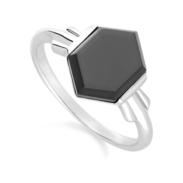 Bague Grand Deco Hexagone Onyx Noir en Argent Sterling