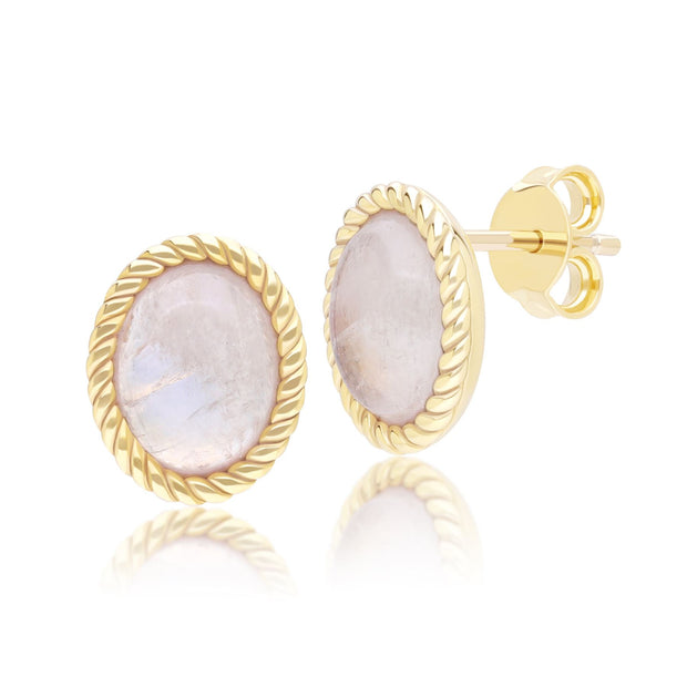 Boucles d'oreilles Clou Classique ovales avec pierre de lune arc-en-ciel en or jaune 9 carats