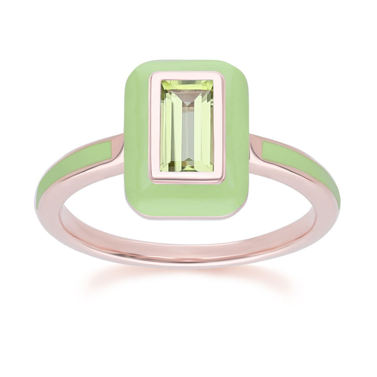 Bague Siberian Waltz en argent sterling doré à l'or fin rose avec émail vert et péridot baguette