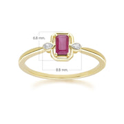 Anello classico in oro giallo 9 carati con rubino baguette e diamanti