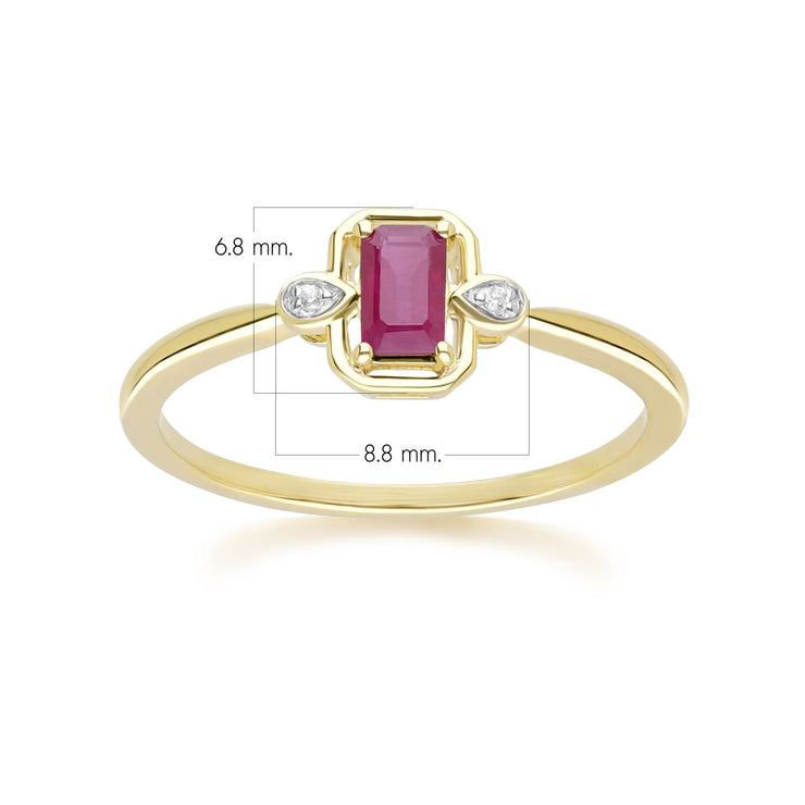 Anello classico in oro giallo 9 carati con rubino baguette e diamanti