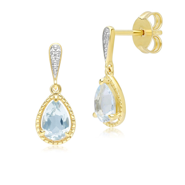 Boucles d'oreilles pendantes classiques en or jaune 9 carats avec aigue-marine et diamants