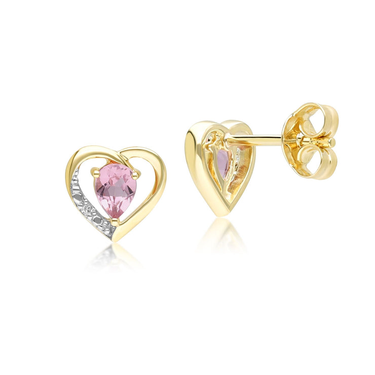 Boucles d'oreilles clou en forme de cœur avec tourmaline rose et diamants en or jaune 9 carats