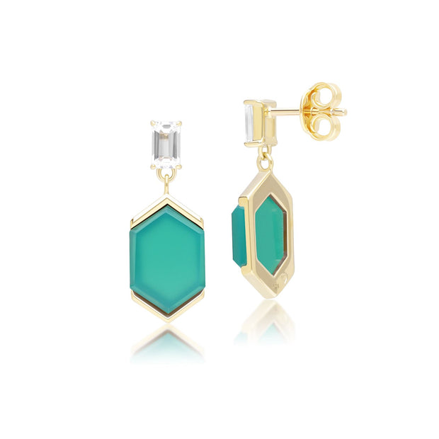Boucles d'oreilles pendantes Grand Deco hexagonales en calcédoine et topaze en vermeil doré