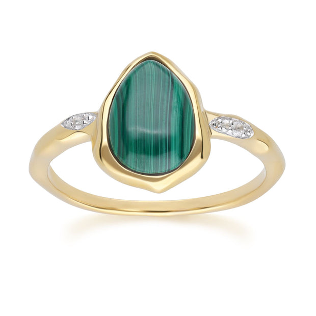 Anello irregolare in argento sterling dorato con malachite e topazio