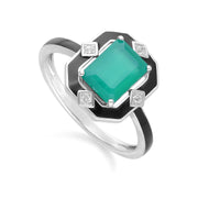 Bague Grand Deco en argent sterling, émail noir, calcédoine verte et topaze