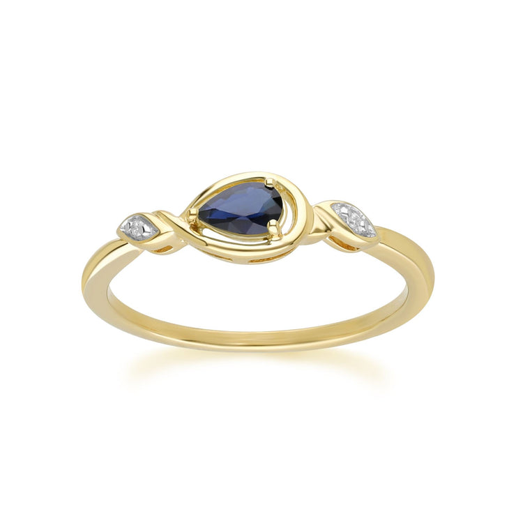 Anello classico in oro giallo 9 carati con zaffiro a forma di goccia e diamanti