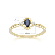 Anello classico in oro giallo 9 carati con zaffiro ovale e diamanti rotondi