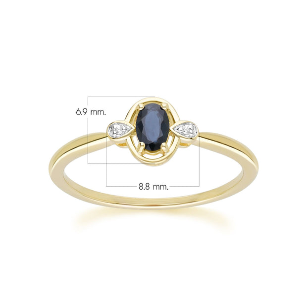 Anello classico in oro giallo 9 carati con zaffiro ovale e diamanti rotondi