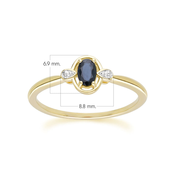 Anello classico in oro giallo 9 carati con zaffiro ovale e diamanti rotondi