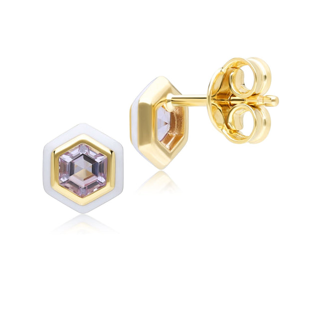 Orecchini a lobo geometrici Hex con ametista rosa e smalto bianco in argento sterling placcato oro fino