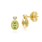 Boucles d'oreilles clou en forme de cœur avec péridot ovale et diamants classiques en or jaune 9 carats