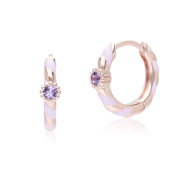 Orecchini Cerchio Valzer Siberiano in argento sterling placcato oro rosa pregiato con smalto viola e ametista rosa