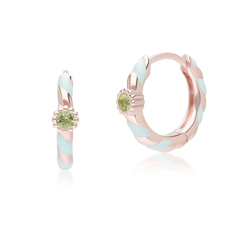 Orecchini Cerchio Valzer Siberiano in argento sterling placcato oro rosa con smalto verde e peridoto tondo