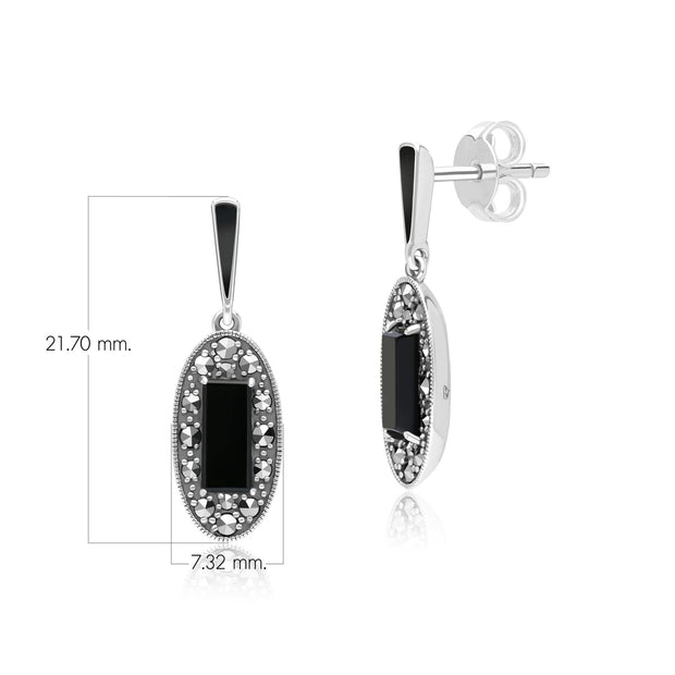 Orecchini pendenti ovali in stile Art Déco in argento 925 con onice, marcasite e smalto nero