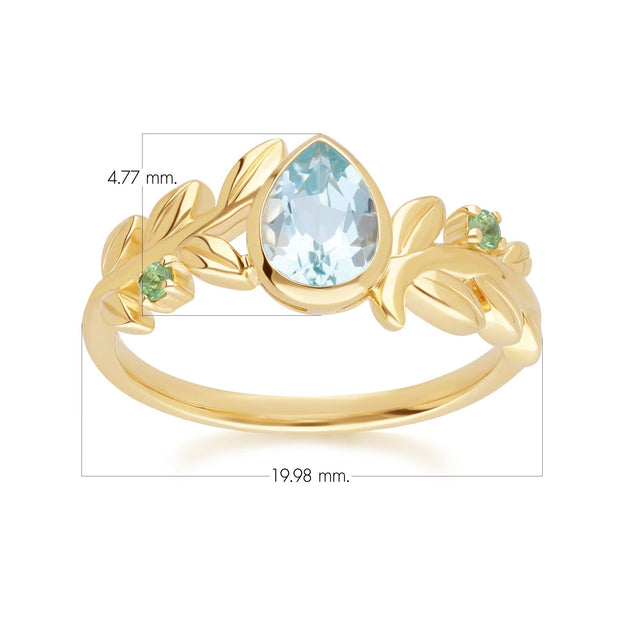 Anello O Leaf in oro giallo da 9 ct con topazio azzurro e tsavorite