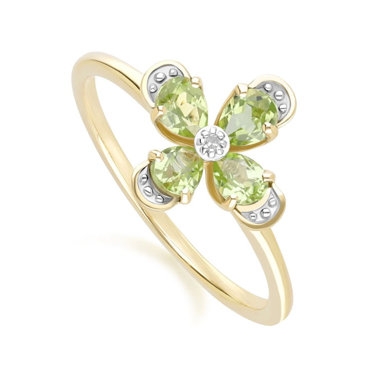 Anello floreale con peridoto e diamante in oro giallo da 9 ct