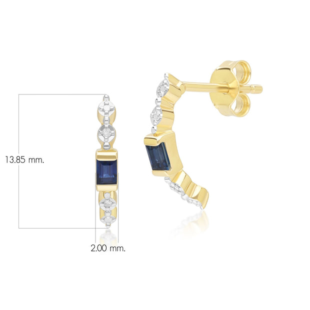 Orecchini a cerchio classici Baguette Half-Eternity in oro giallo da 9 ct con zaffiro e diamanti