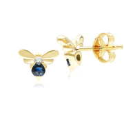 Orecchini a bottone con ape in stile nido d'ape in oro giallo da 9 ct con zaffiro blu e diamante