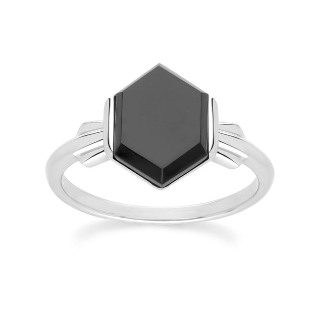 Bague Grand Deco Hexagone Onyx Noir en Argent Sterling