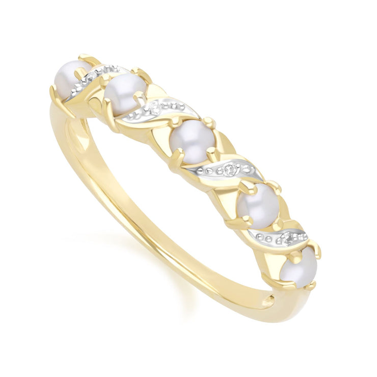 Anello Eternity in classico stile Art Nouveau in oro giallo da 9 ct con perla e diamante