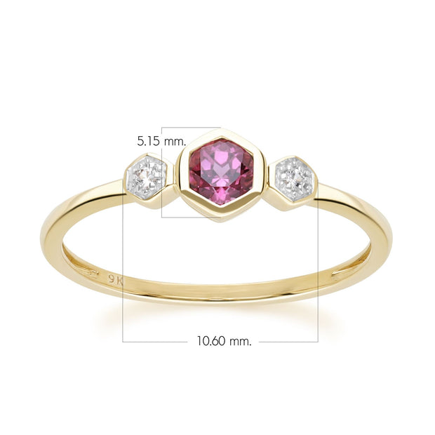 Anello esagonale geometrico in oro giallo da 9 ct con rodolite rotonda e zaffiro