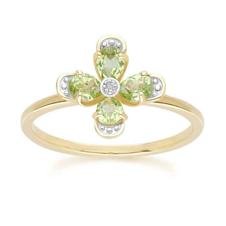 Anello floreale con peridoto e diamante in oro giallo da 9 ct