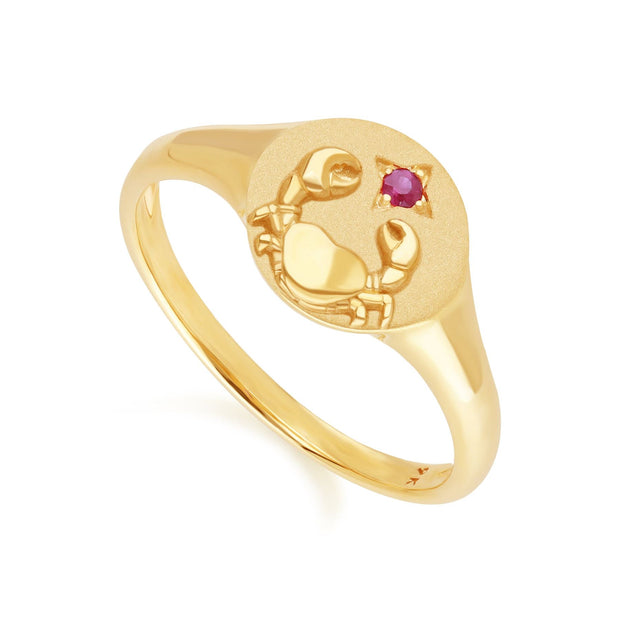 Anello con sigillo dello zodiaco del Cancro in oro giallo da 9 ct con un rubino