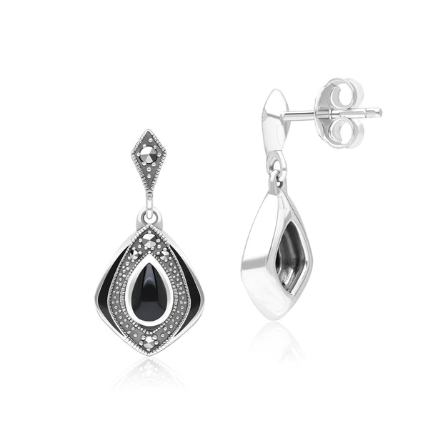 Orecchini pendenti con diamanti in stile Art Déco in argento sterling con onice e marcasite