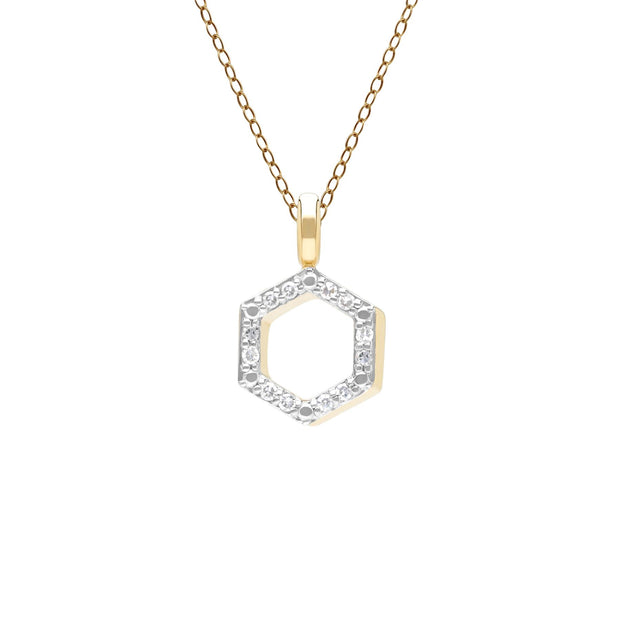 Ciondolo esagonale geometrico in oro giallo da 9 ct con diamante