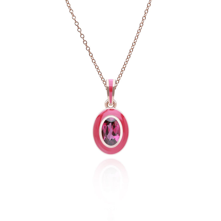 Ciondolo Valzer siberiano in smalto rosa e rodolite ovale in argento sterling placcato oro rosa