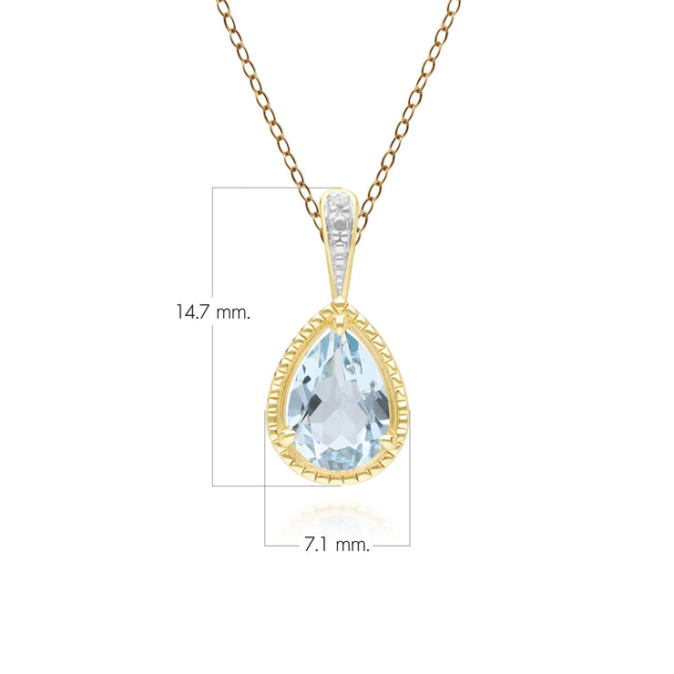 Collier classique avec pendentif en forme de poire, aigue-marine et diamants en or jaune 9 carats