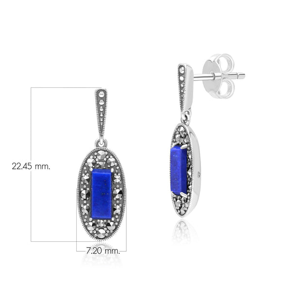 Orecchini pendenti ovali in stile Art Déco in argento sterling con lapislazzuli e marcasite