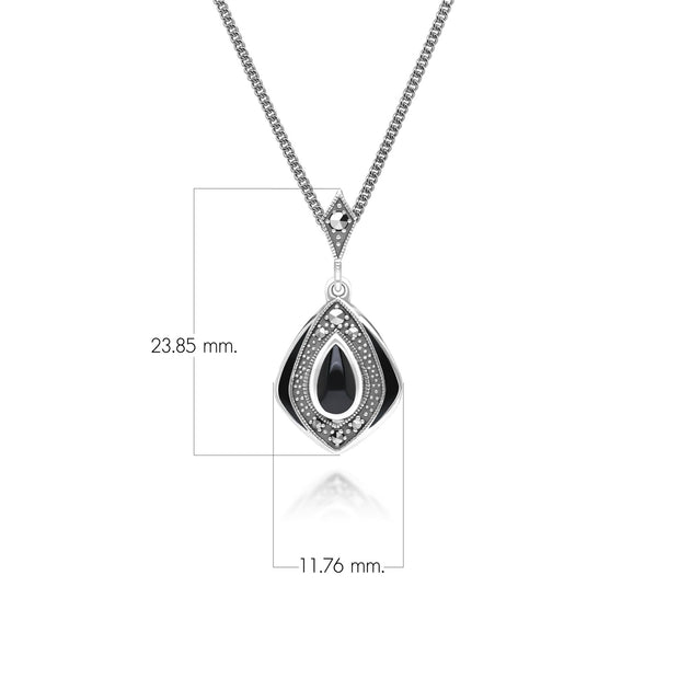 Ciondolo a rombo in stile Art Déco in argento sterling con onice e marcasite