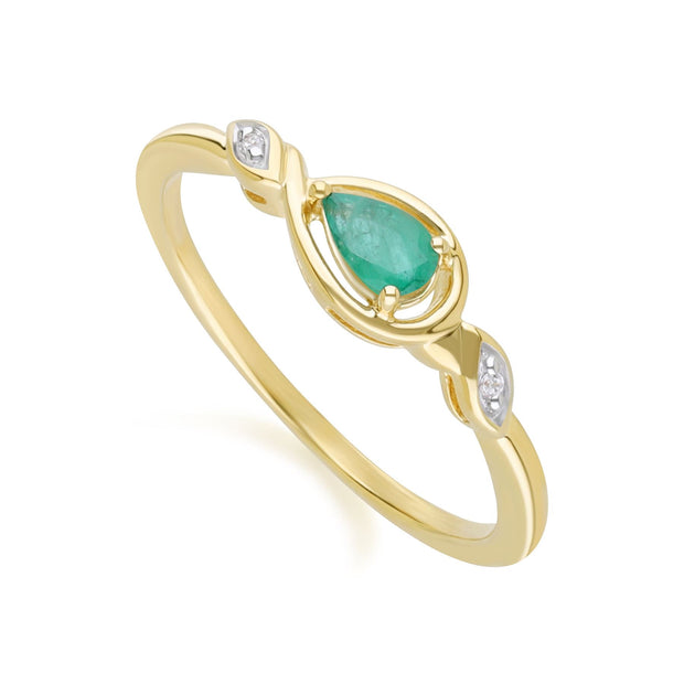 Anello classico in oro giallo 9 carati con smeraldo a forma di goccia e diamanti