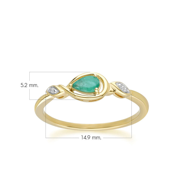 Anello classico in oro giallo 9 carati con smeraldo a forma di goccia e diamanti