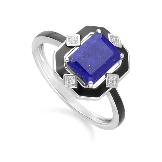 Bague Grand Deco en argent sterling, émail noir, lapis-lazuli et topaze