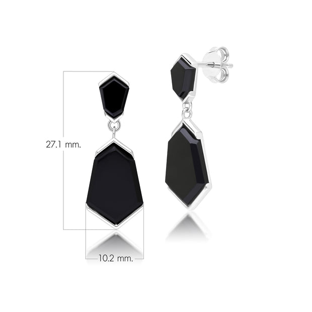 Boucles d'oreilles pendantes Grand Deco Hexagon en onyx noir en argent sterling