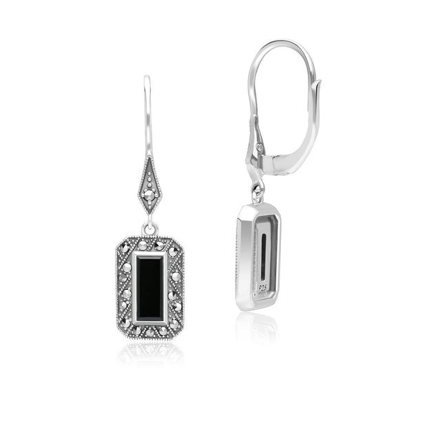 Orecchini pendenti rettangolari in stile Art Déco in argento sterling con onice e marcasite