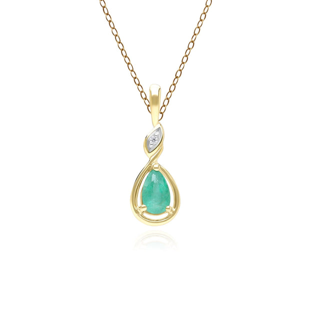 Collana classica in oro giallo 9 carati con ciondolo in diamanti e smeraldo taglio a pera
