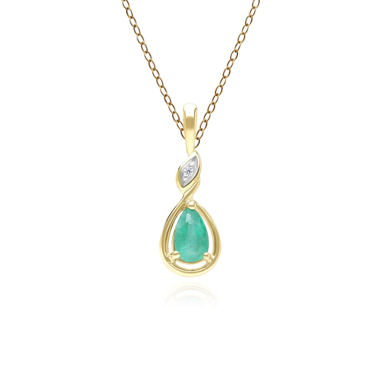 Collana classica in oro giallo 9 carati con ciondolo in diamanti e smeraldo taglio a pera