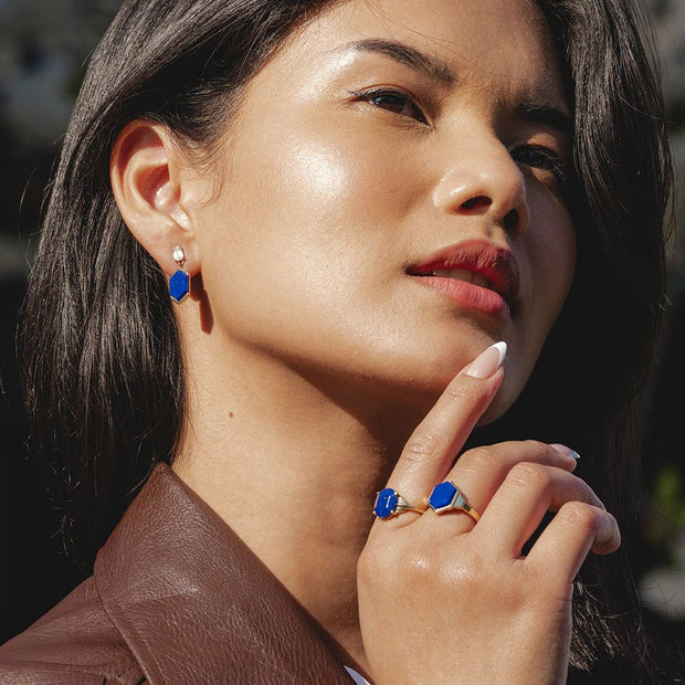 Boucles d'oreilles pendantes Grand Deco Hexagon en lapis-lazuli et topaze en vermeil doré