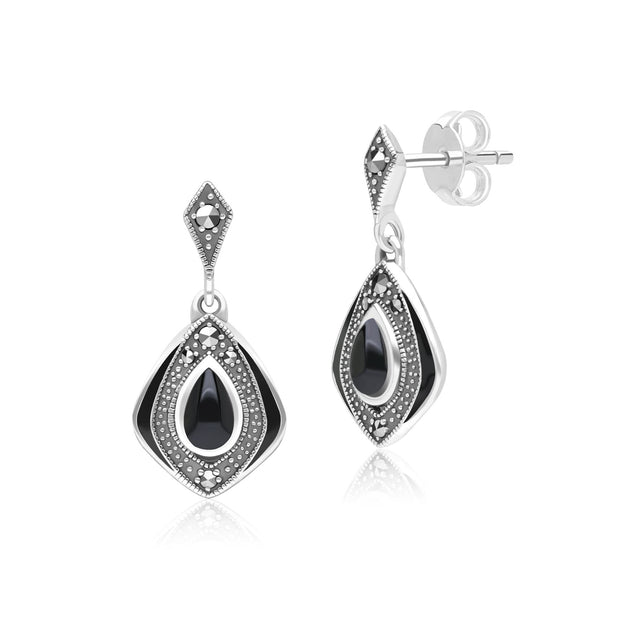 Orecchini pendenti con diamanti in stile Art Déco in argento sterling con onice e marcasite