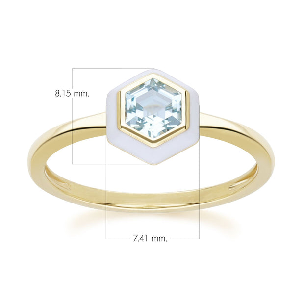 Anello esagonale geometrico con topazio azzurro e smalto bianco in argento sterling oro pregiato