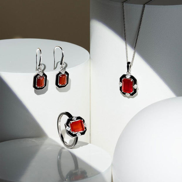 Boucles d'oreilles pendantes Grand Deco en argent sterling, émail noir, cornaline et topaze