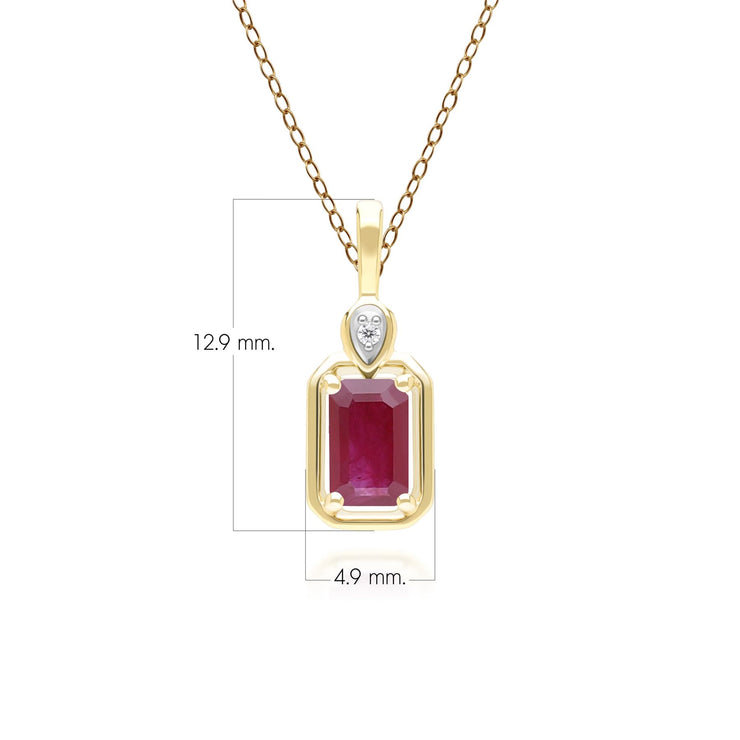 Collana classica in oro giallo 9 carati con ciondolo a baguette, rubini e diamanti